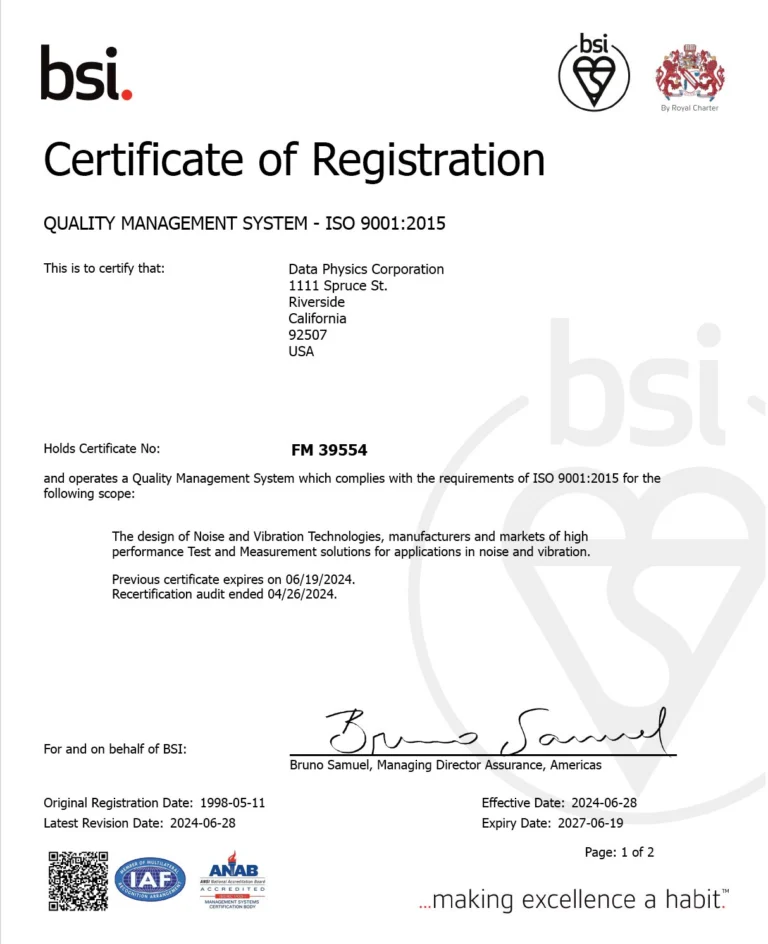 Data Physics ISO 9001-2015 certificate 2024 FM 39554